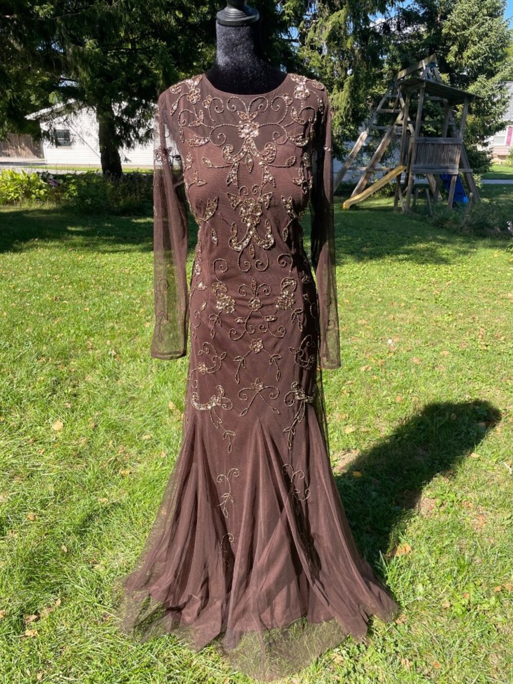 Vintage Papell Formal Mermaid Dress Mesh Brown Gold Beaded 14 Wedding Guest